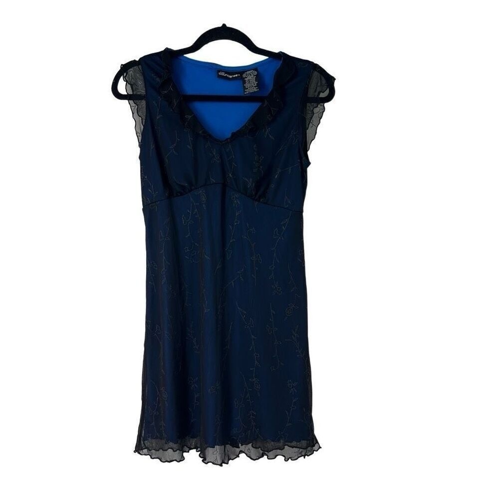 Y2K Blue Black Overlay Mesh Floral V Neck‎ Dress Sz M Juniors
